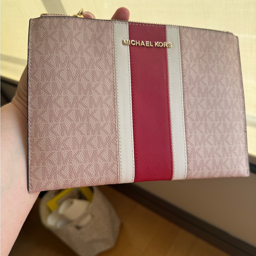 Michael Kors Pink Clutch with Red and White Stripe